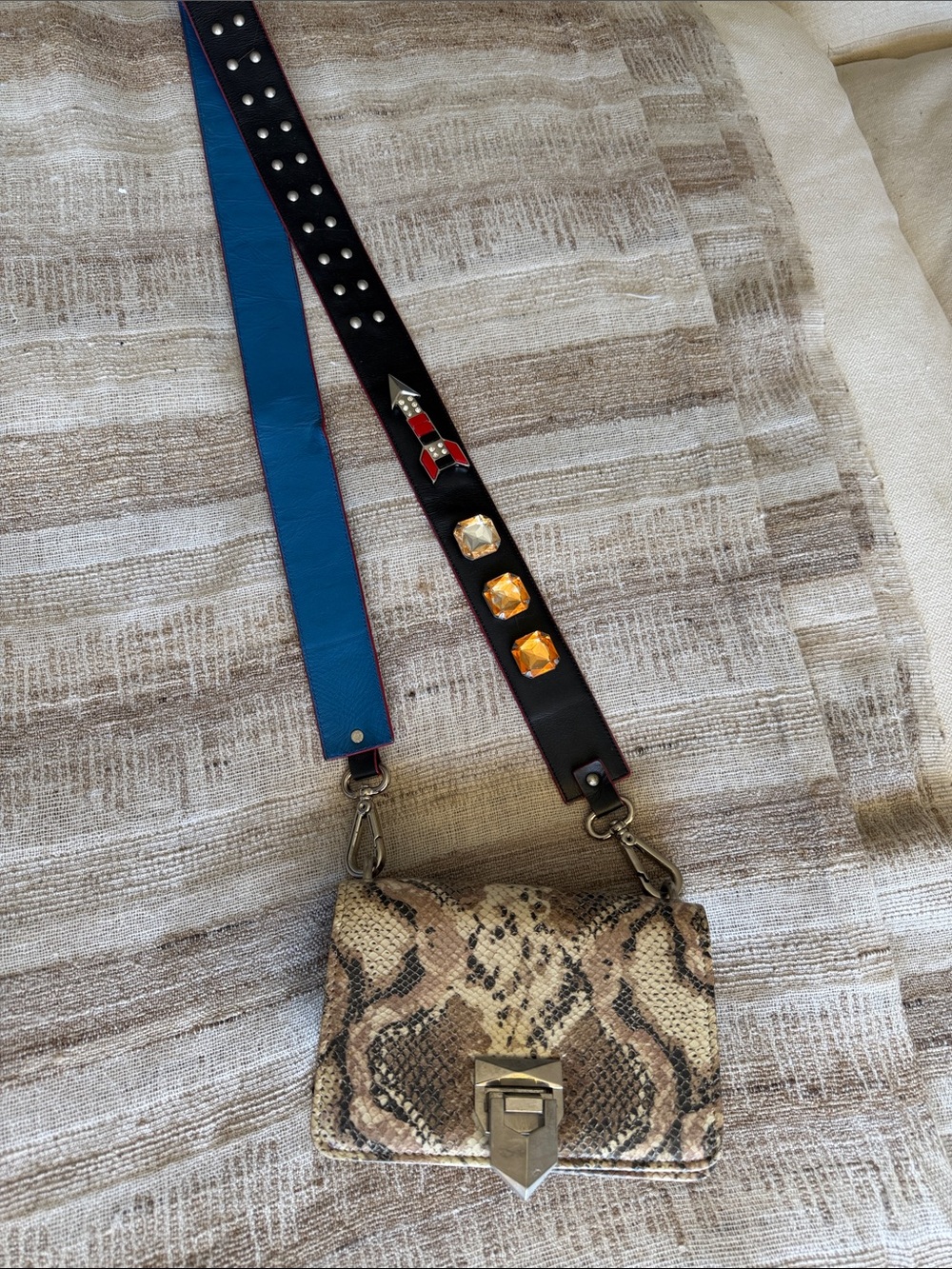 Python-Pattern Crossbody Bag with Detachable Studded Strap